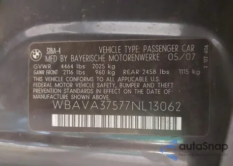 2007 BMW 328I from USA, damaged, VIN WBAVA37577NL13062